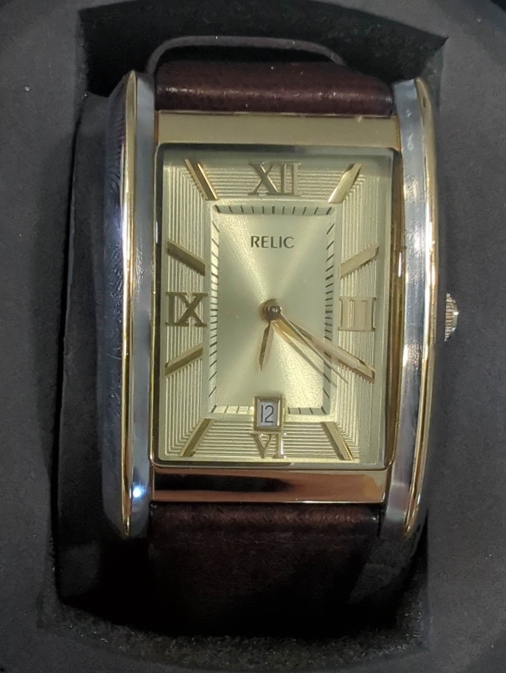 Relic Gold-Tone Rectangular Watch with Brown Strap